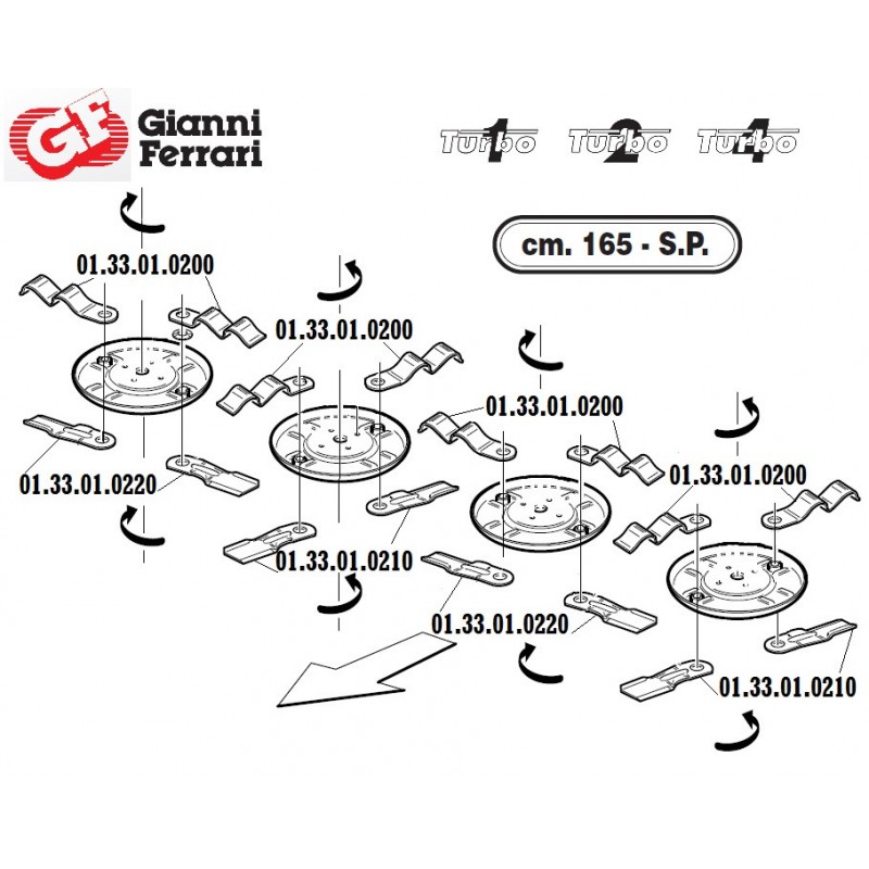 Couteau droit inférieur tondeuse Gianni Ferrari, 165SP,  01.33.01.0210, 0133010210